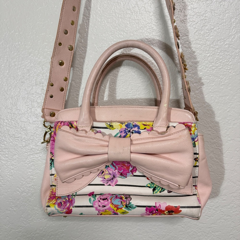 Betsey Johnson Satchel Women Pink Floral Stripe Bow Crossbody Handbag